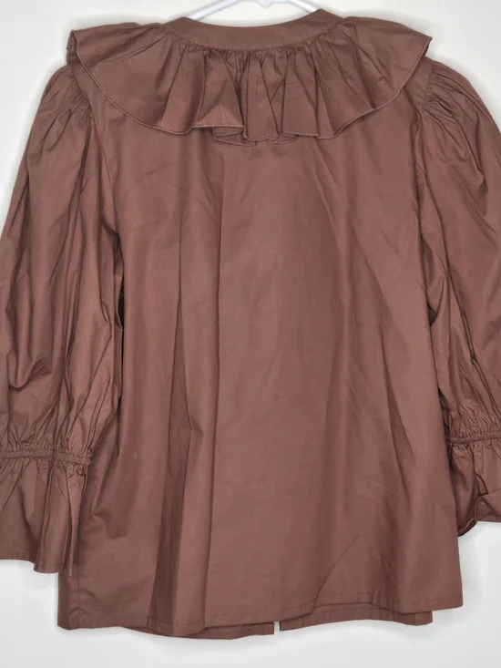 Mille Ruffle Front Puff Sleeve V-neck Romantic Top Brown Blouse - Picture 7 of 8